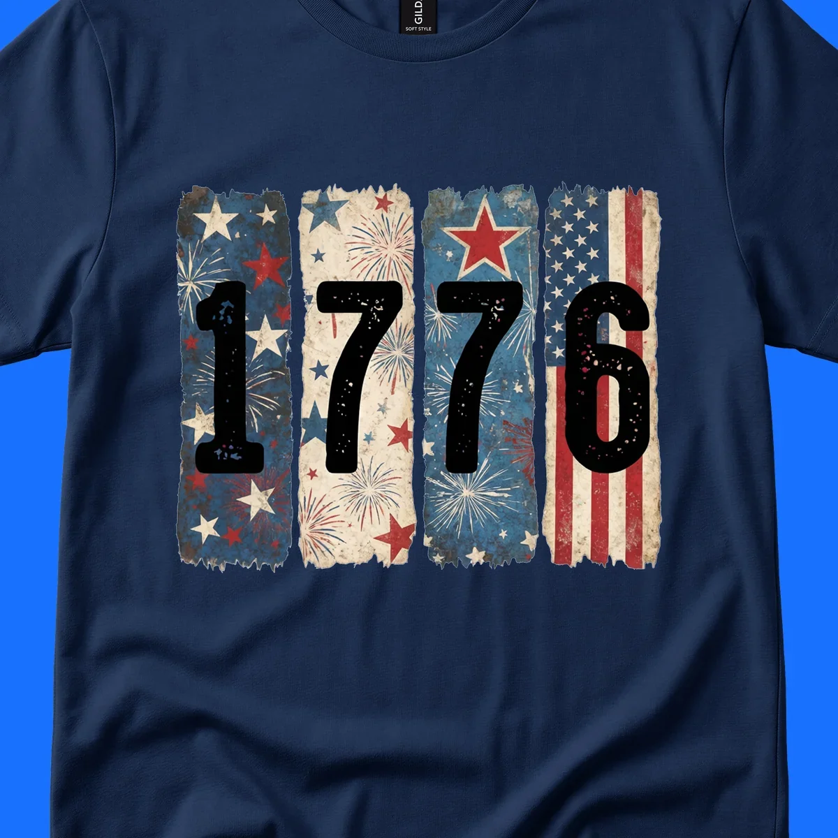 Four distressed panels display the numbers 1776 with patriotic stars, stripes, and fireworks, commemorating America's 250th anniversary. (1776-patriotic-anniversary)