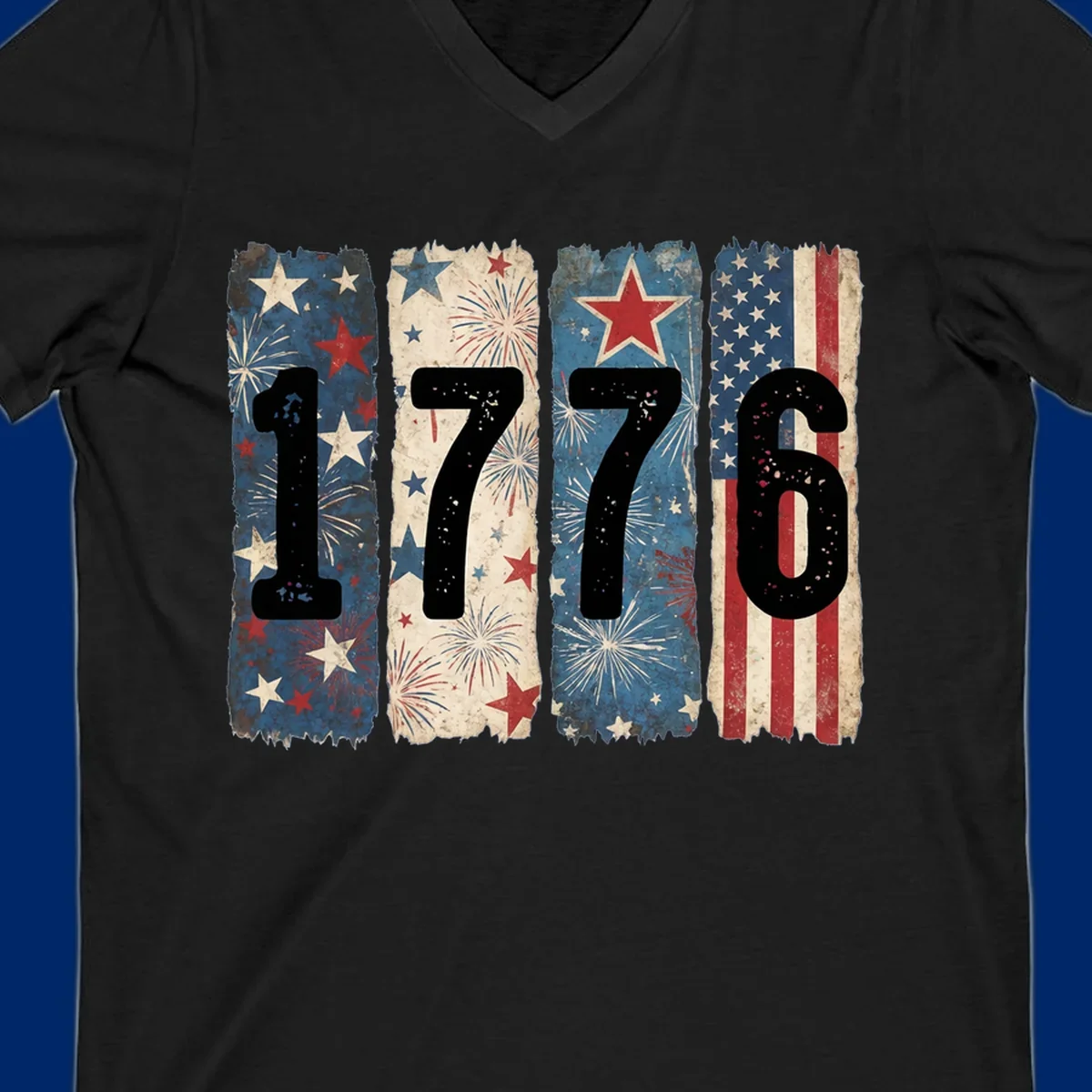 Four distressed panels display the numbers 1776 with patriotic stars, stripes, and fireworks, commemorating America's 250th anniversary. (1776-patriotic-anniversary)