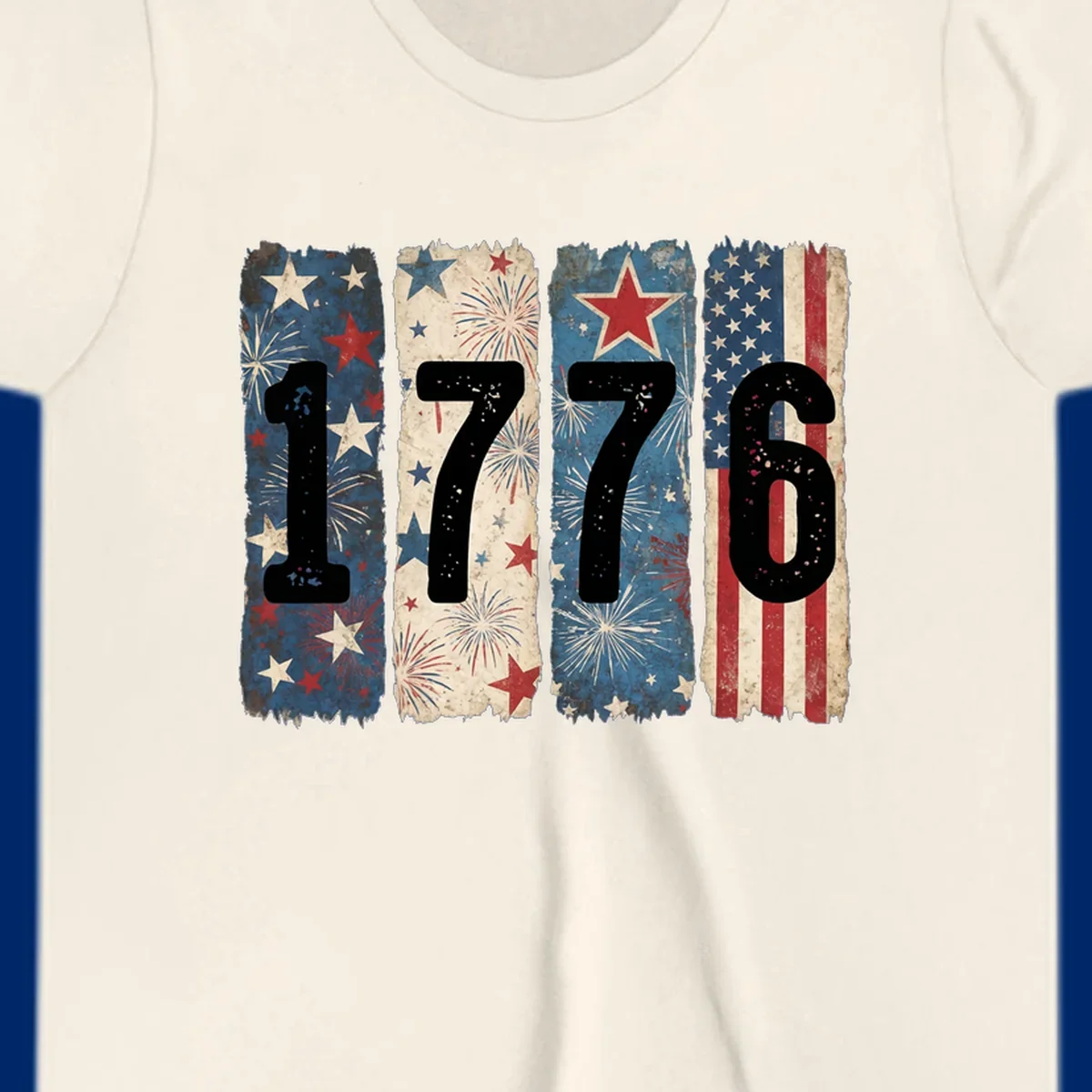 Four distressed panels display the numbers 1776 with patriotic stars, stripes, and fireworks, commemorating America's 250th anniversary. (1776-patriotic-anniversary)