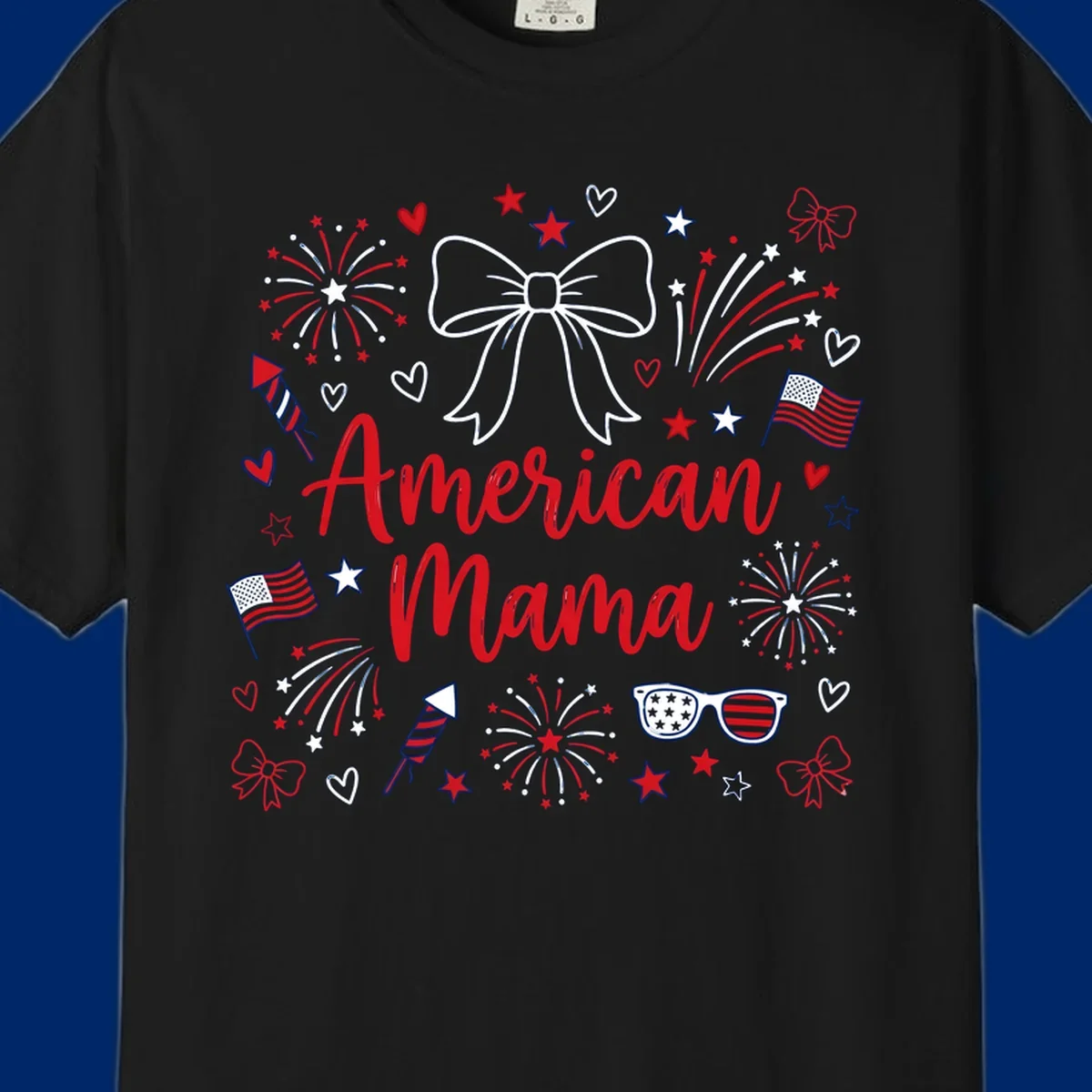 A patriotic design with 'American Mama' text, fireworks, stars, flags, and sunglasses, celebrating American Mama Fourth July.