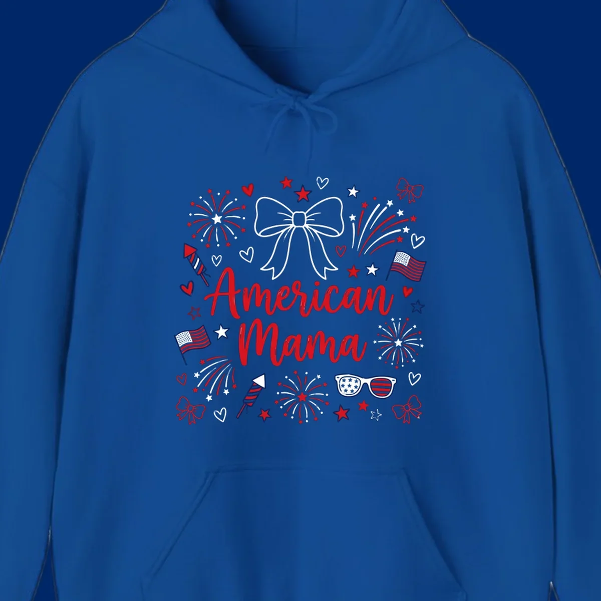 A patriotic design with 'American Mama' text, fireworks, stars, flags, and sunglasses, celebrating American Mama Fourth July.
