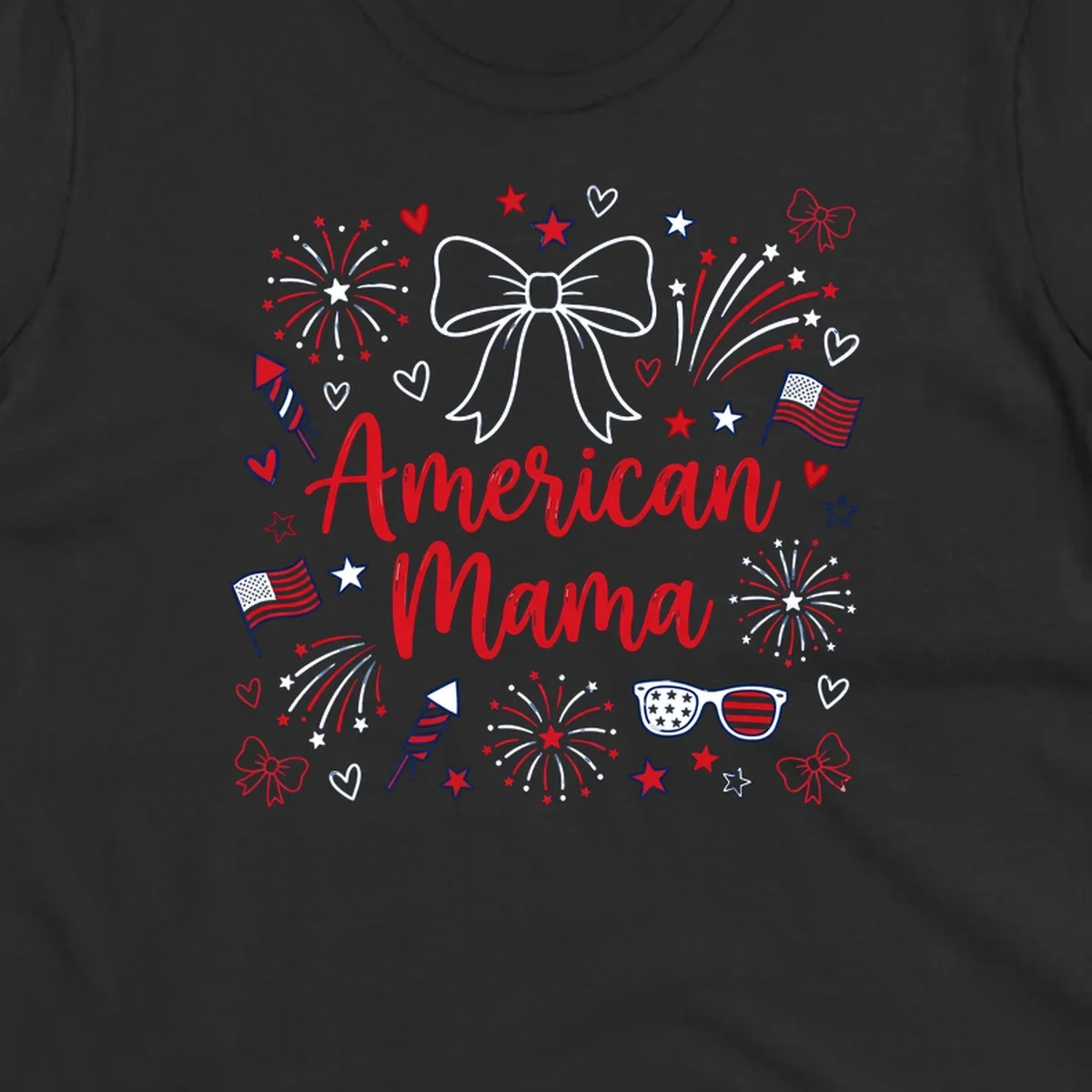 A patriotic design with 'American Mama' text, fireworks, stars, flags, and sunglasses, celebrating American Mama Fourth July.