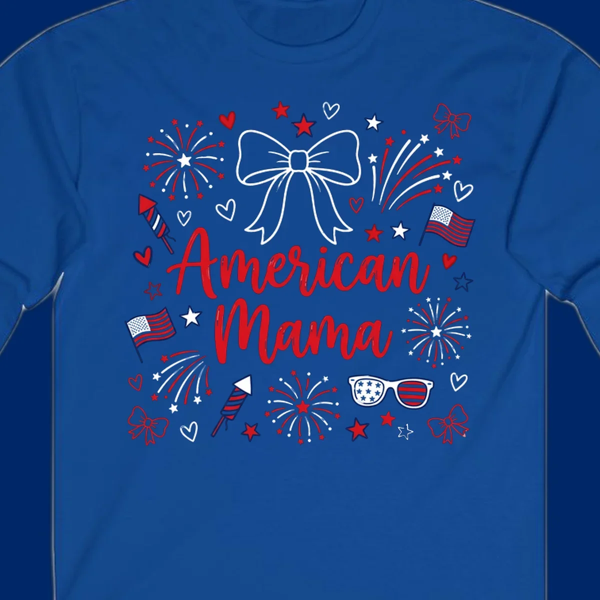 A patriotic design with 'American Mama' text, fireworks, stars, flags, and sunglasses, celebrating American Mama Fourth July.