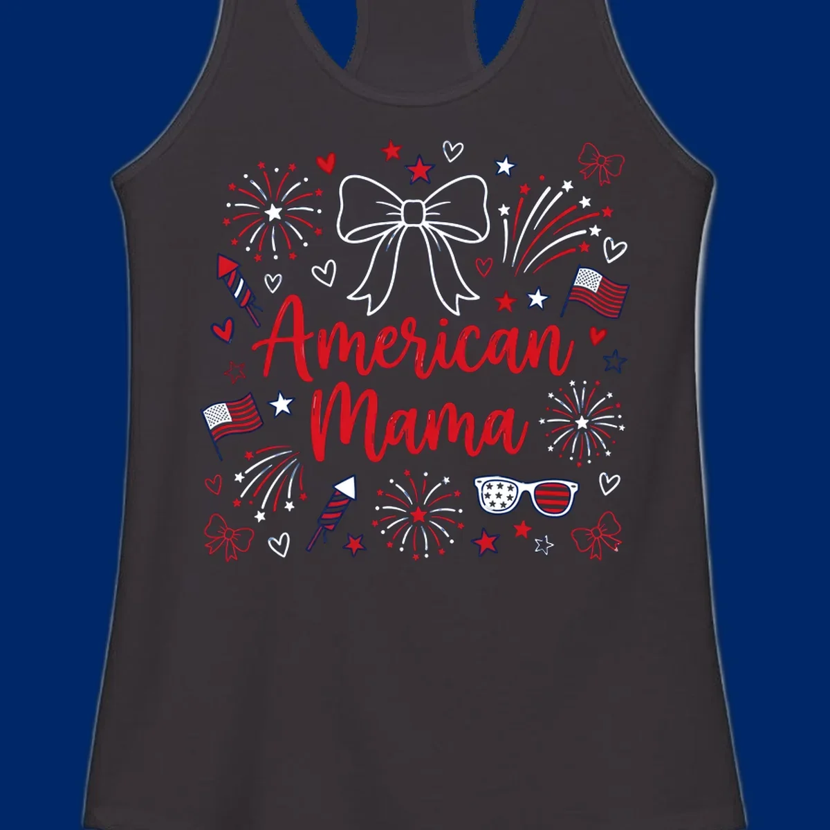 A patriotic design with 'American Mama' text, fireworks, stars, flags, and sunglasses, celebrating American Mama Fourth July.