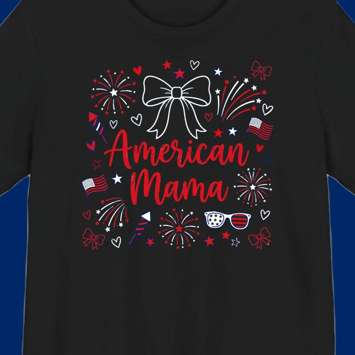 A patriotic design with 'American Mama' text, fireworks, stars, flags, and sunglasses, celebrating American Mama Fourth July.