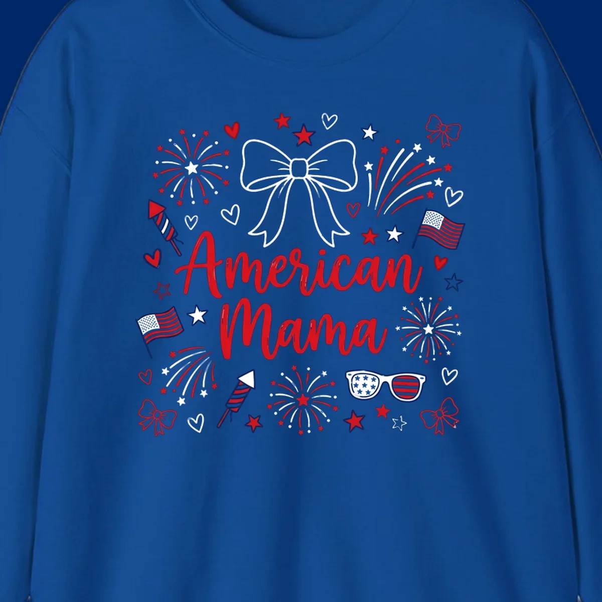 A patriotic design with 'American Mama' text, fireworks, stars, flags, and sunglasses, celebrating American Mama Fourth July.
