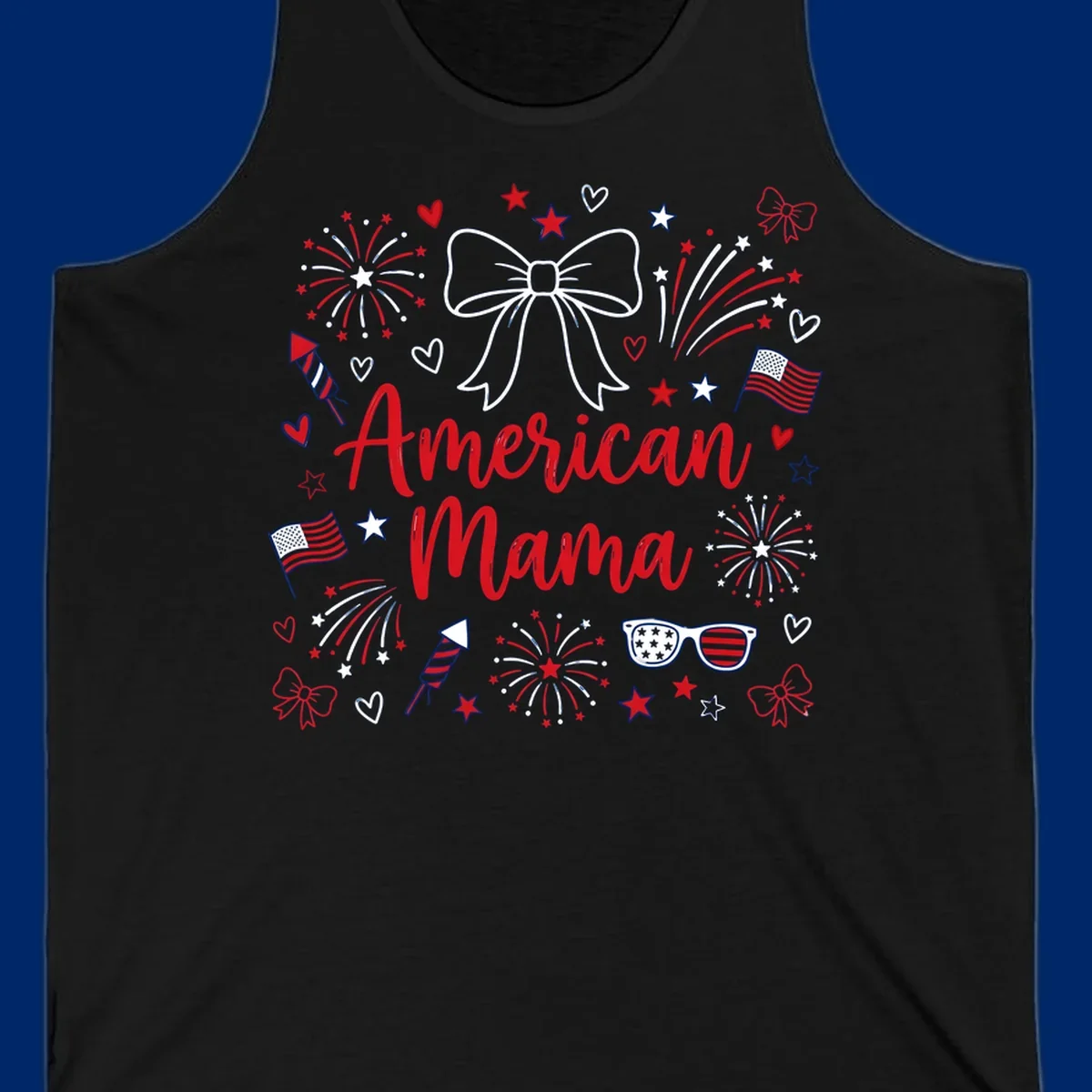 A patriotic design with 'American Mama' text, fireworks, stars, flags, and sunglasses, celebrating American Mama Fourth July.