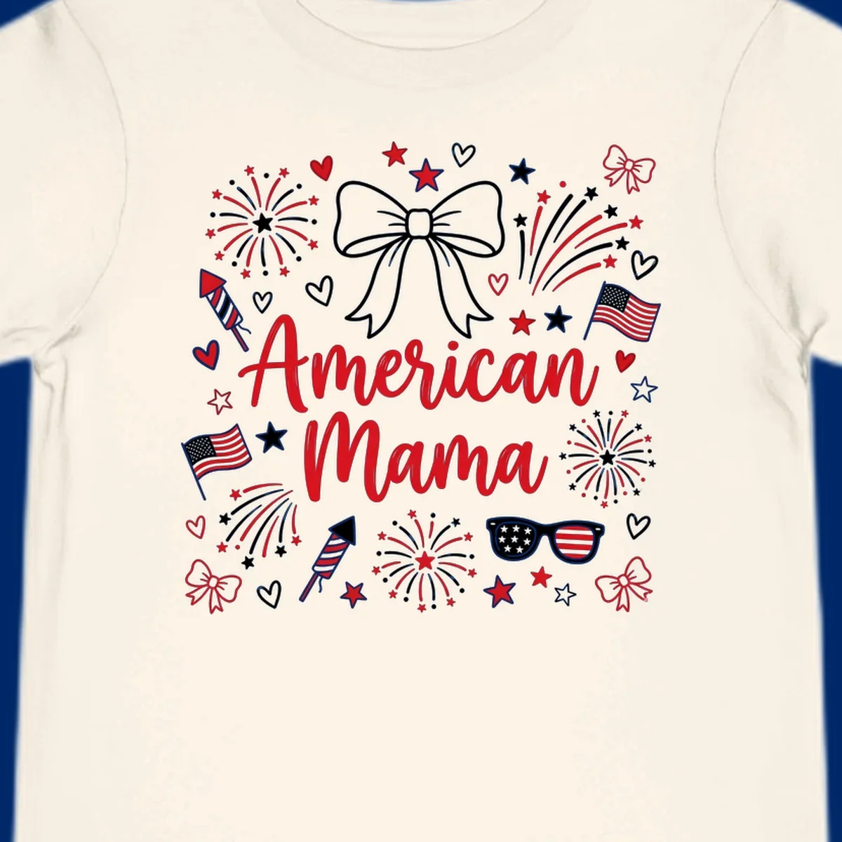 A patriotic design with 'American Mama' text, fireworks, stars, flags, and sunglasses, celebrating American Mama Fourth July.