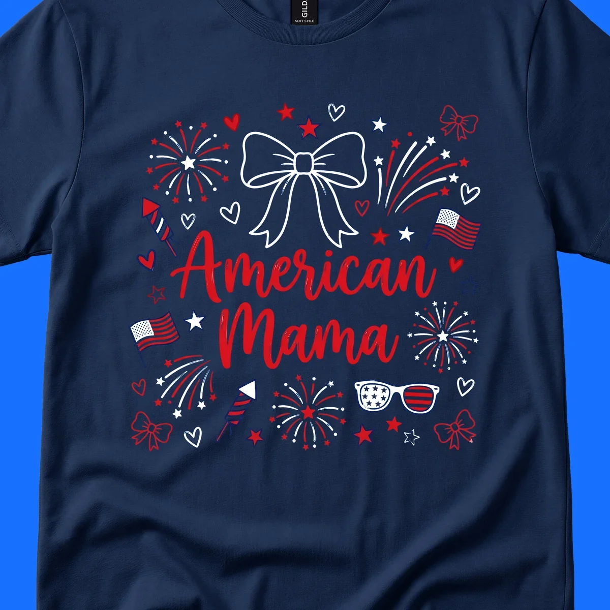 A patriotic design with 'American Mama' text, fireworks, stars, flags, and sunglasses, celebrating American Mama Fourth July.