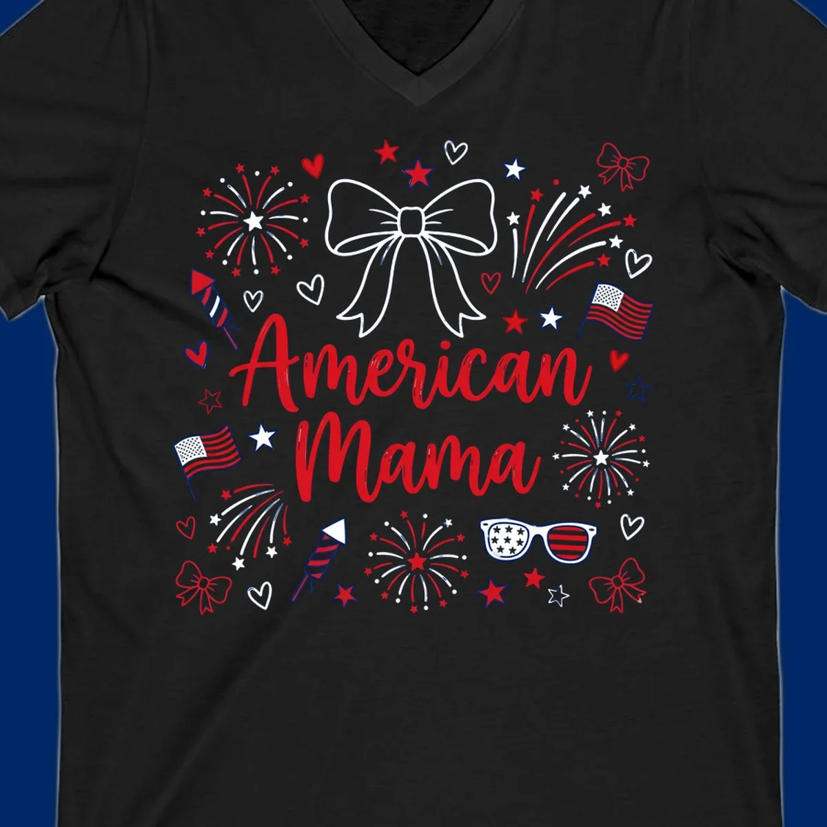 A patriotic design with 'American Mama' text, fireworks, stars, flags, and sunglasses, celebrating American Mama Fourth July.