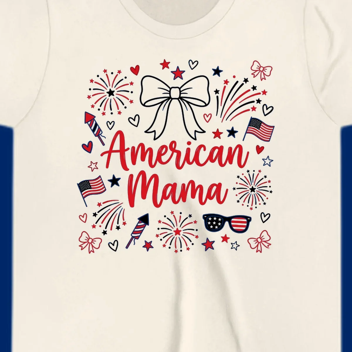 A patriotic design with 'American Mama' text, fireworks, stars, flags, and sunglasses, celebrating American Mama Fourth July.