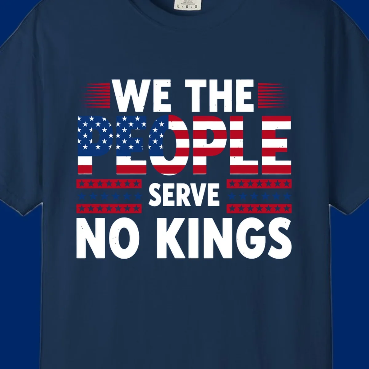 A patriotic design featuring 'WE THE PEOPLE' in American flag stars and stripes, framed by stylized flag elements. This we-the-people-flag-text design celebrates America's heritage.