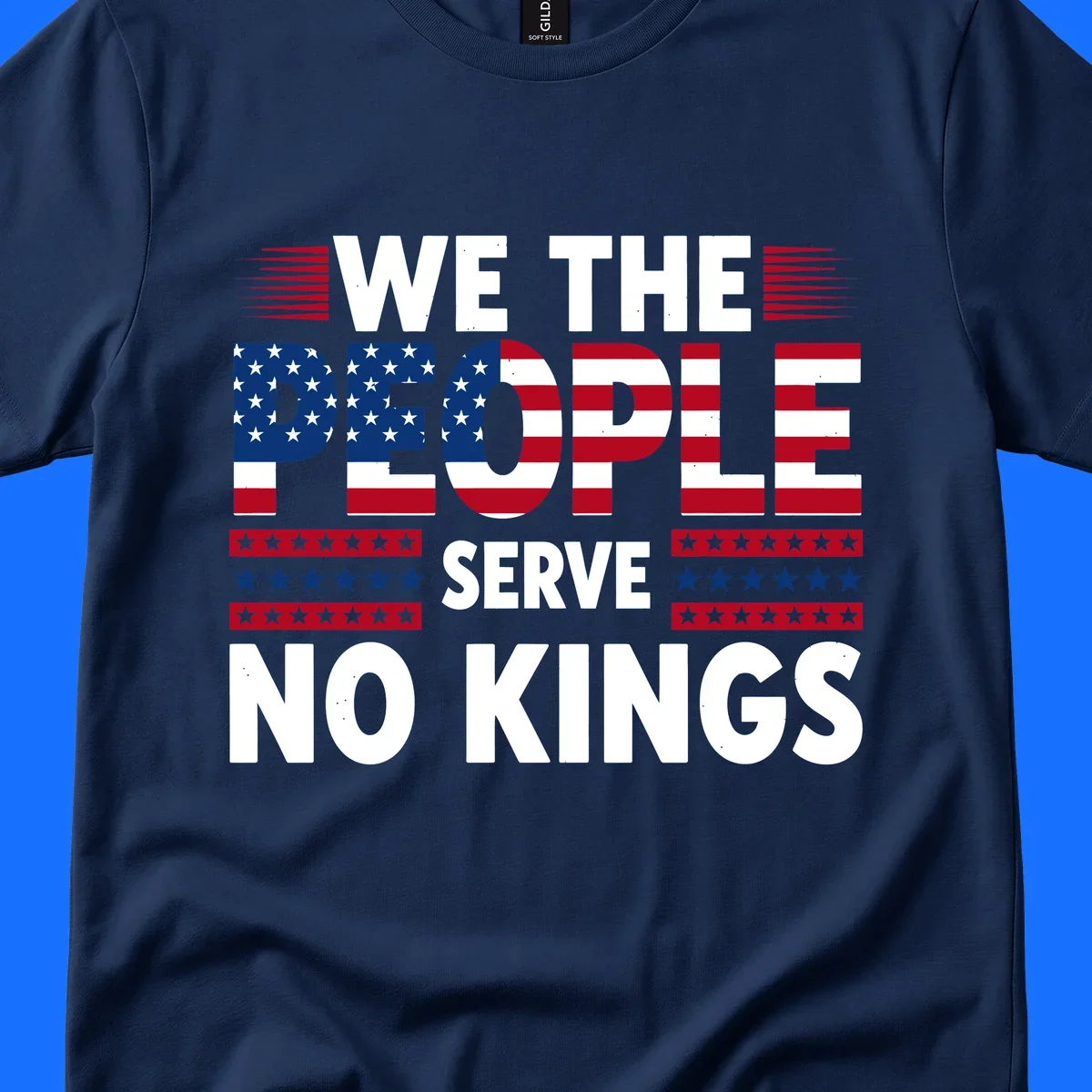 A patriotic design featuring 'WE THE PEOPLE' in American flag stars and stripes, framed by stylized flag elements. This we-the-people-flag-text design celebrates America's heritage.