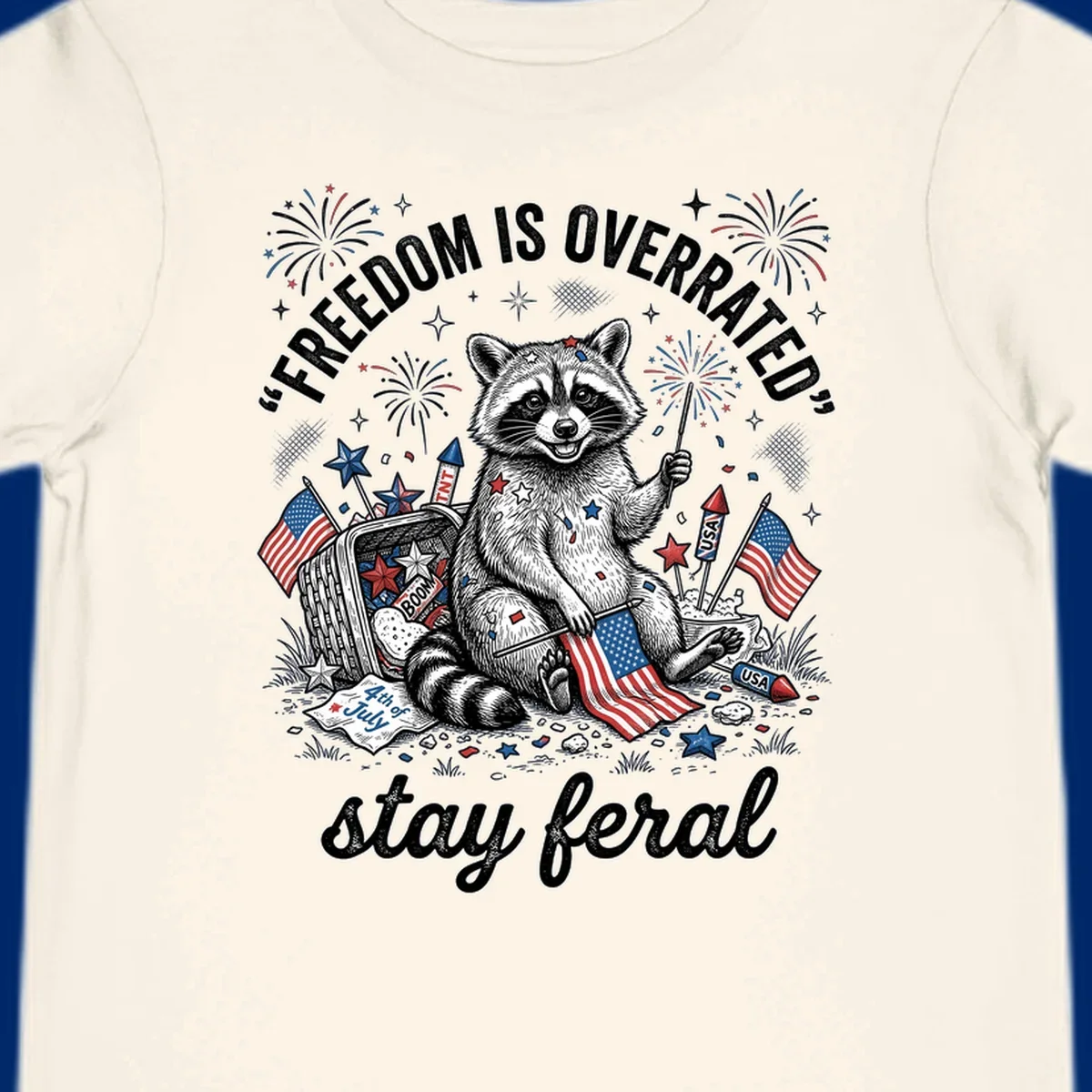 A black and white illustration of a feral raccoon celebrating July 4th with fireworks, American flags, and the text 'FREEDOM IS OVERRATED' and 'stay feral'.