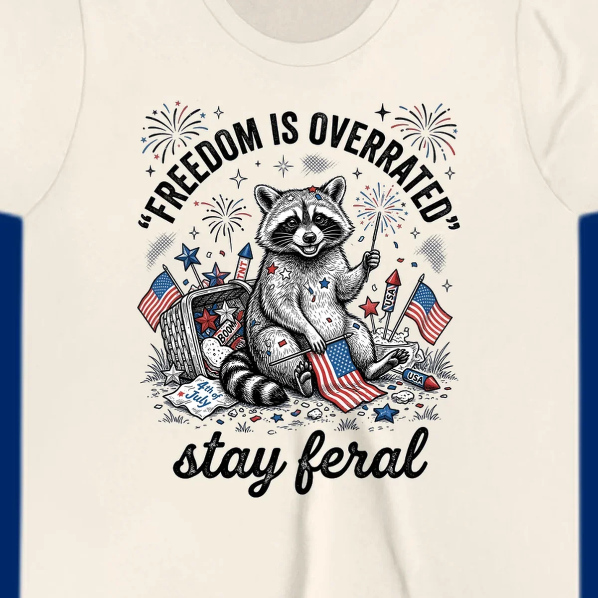 A black and white illustration of a feral raccoon celebrating July 4th with fireworks, American flags, and the text 'FREEDOM IS OVERRATED' and 'stay feral'.