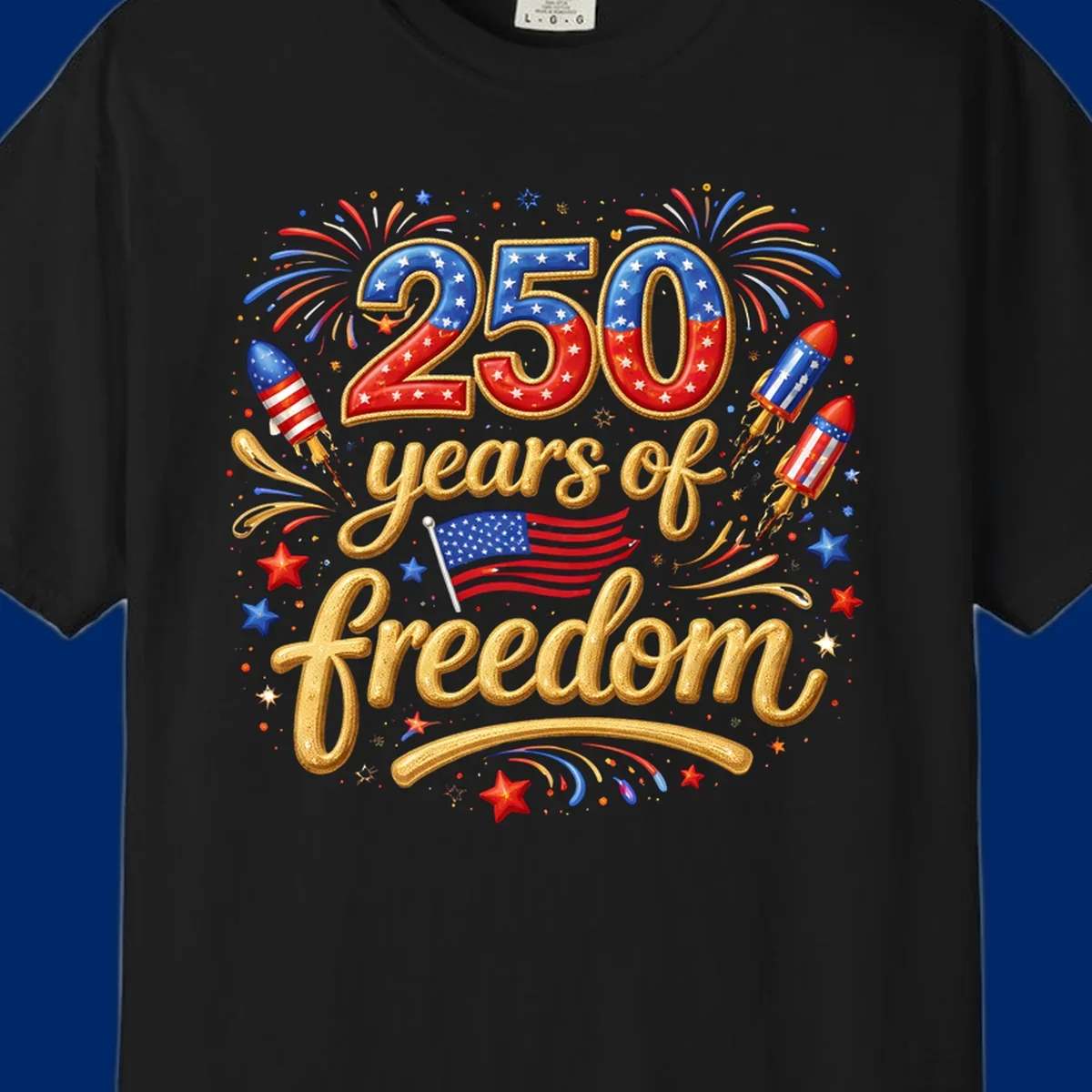 A vibrant design reading '250 years of freedom' with patriotic fireworks, rockets, stars, and an American flag, celebrating America's 250th anniversary.