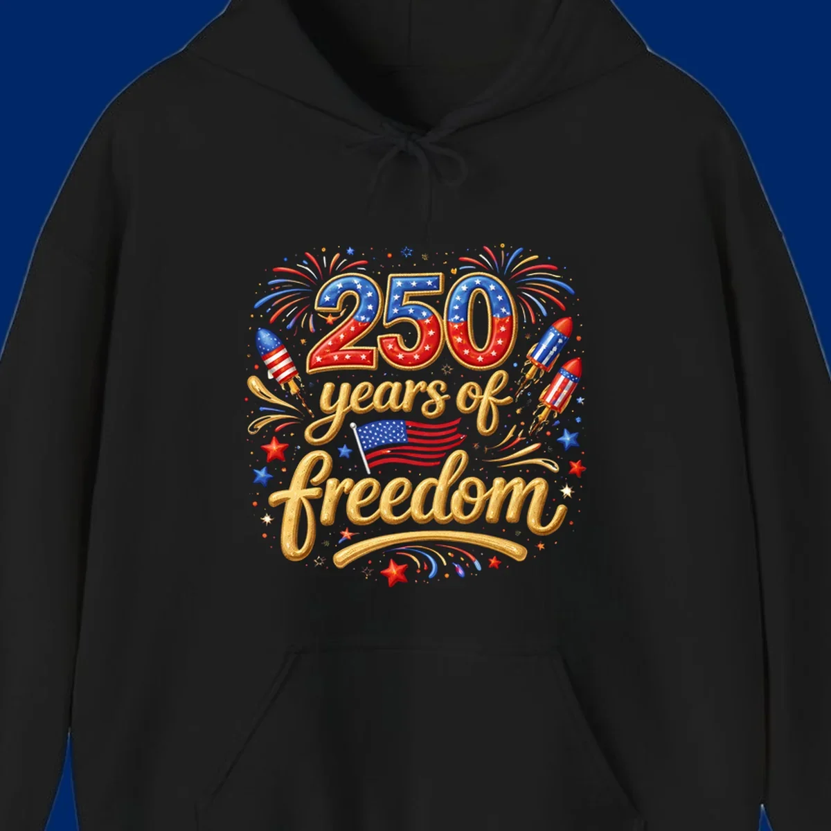 A vibrant design reading '250 years of freedom' with patriotic fireworks, rockets, stars, and an American flag, celebrating America's 250th anniversary.