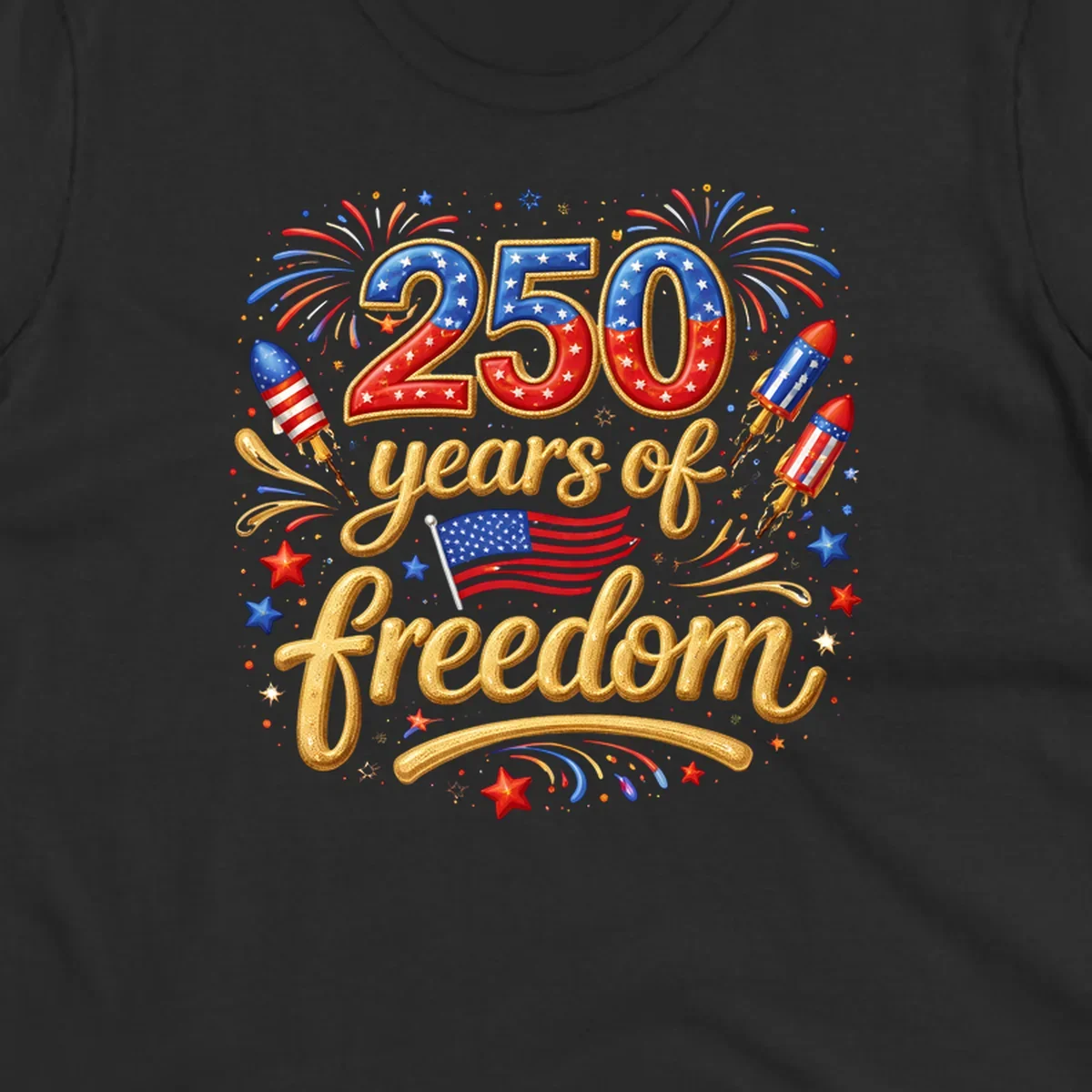A vibrant design reading '250 years of freedom' with patriotic fireworks, rockets, stars, and an American flag, celebrating America's 250th anniversary.