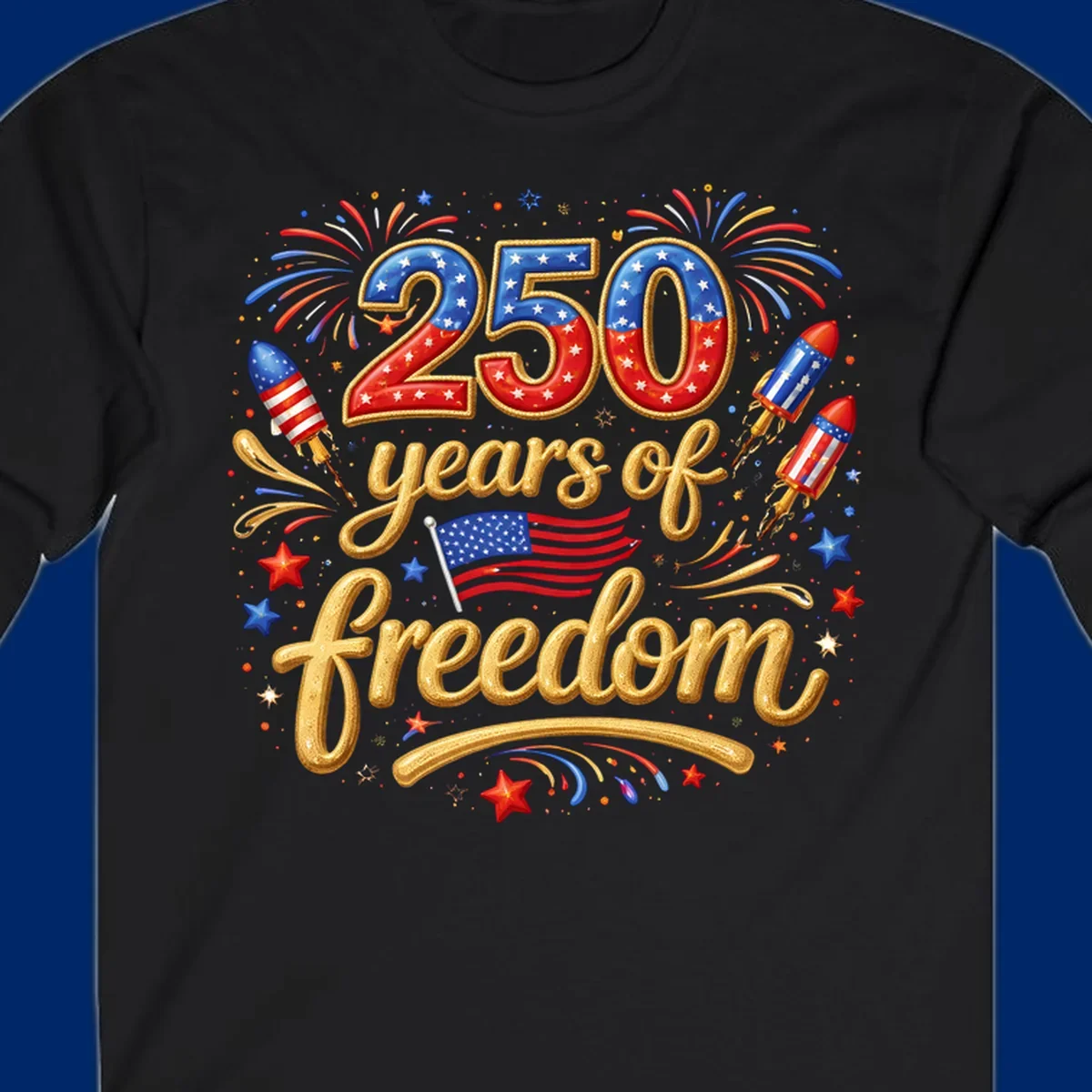 A vibrant design reading '250 years of freedom' with patriotic fireworks, rockets, stars, and an American flag, celebrating America's 250th anniversary.