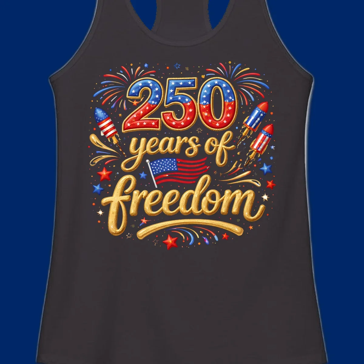 A vibrant design reading '250 years of freedom' with patriotic fireworks, rockets, stars, and an American flag, celebrating America's 250th anniversary.