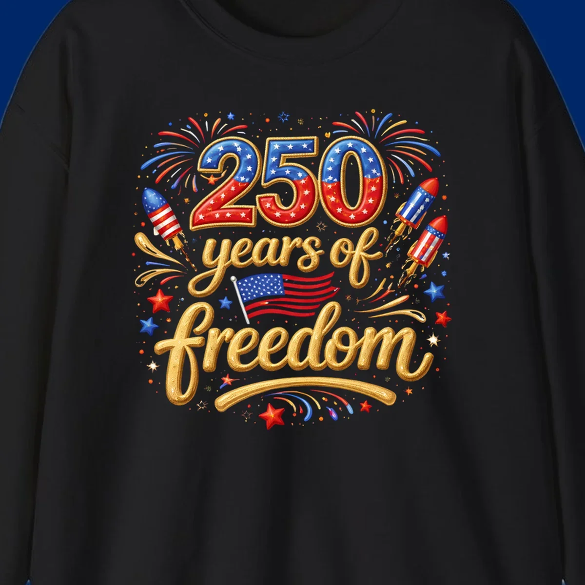 A vibrant design reading '250 years of freedom' with patriotic fireworks, rockets, stars, and an American flag, celebrating America's 250th anniversary.