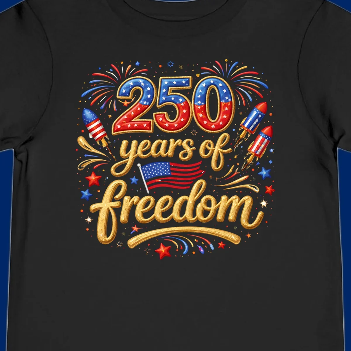 A vibrant design reading '250 years of freedom' with patriotic fireworks, rockets, stars, and an American flag, celebrating America's 250th anniversary.