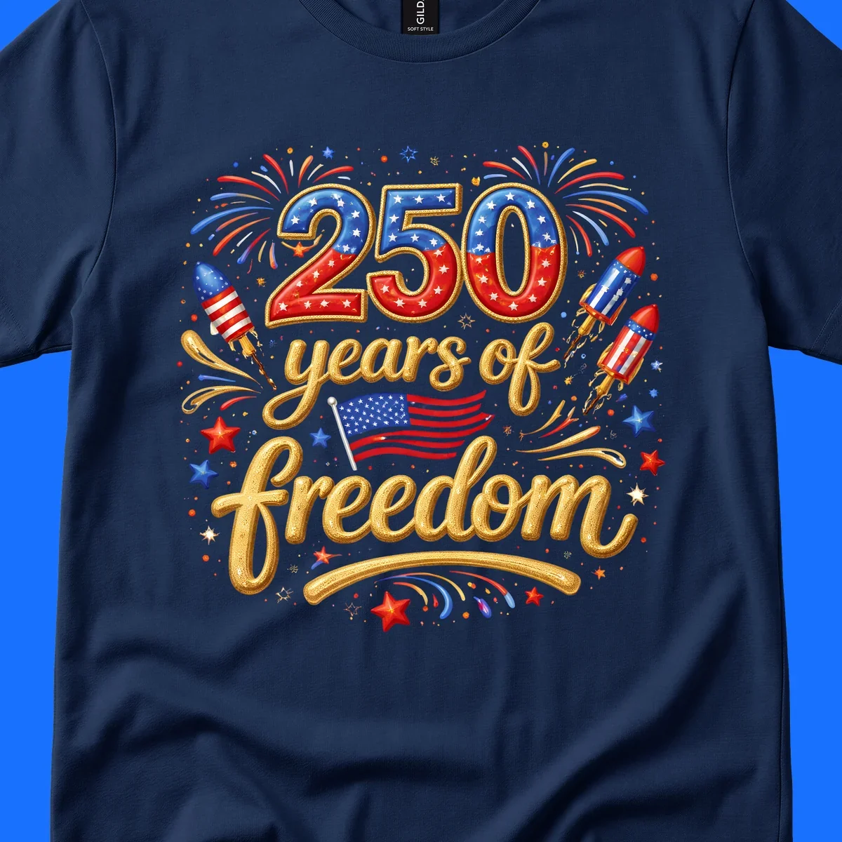 A vibrant design reading '250 years of freedom' with patriotic fireworks, rockets, stars, and an American flag, celebrating America's 250th anniversary.