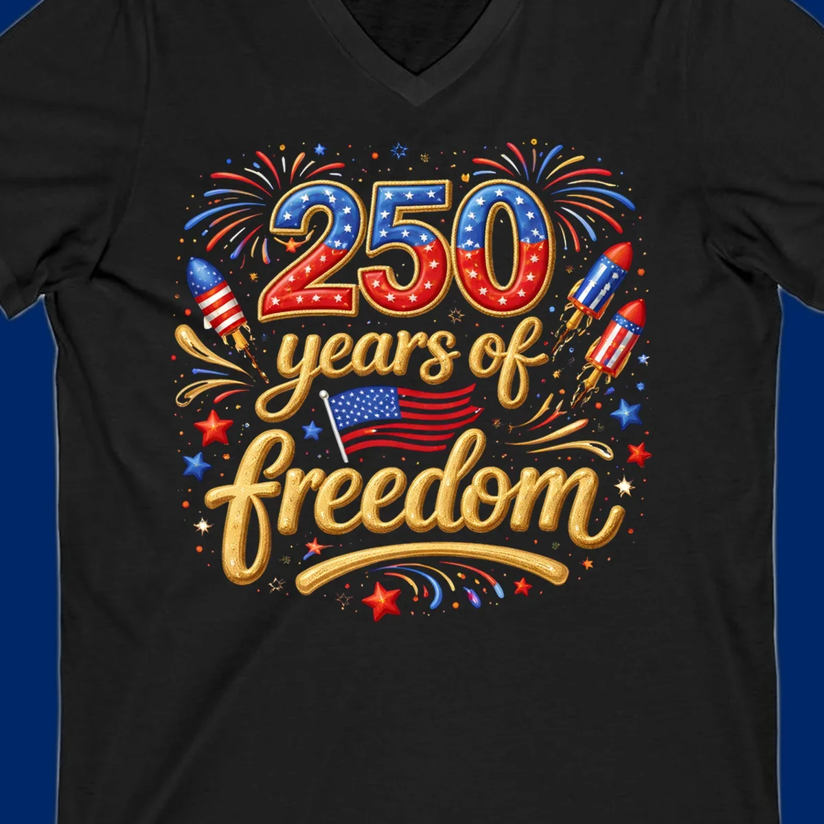 A vibrant design reading '250 years of freedom' with patriotic fireworks, rockets, stars, and an American flag, celebrating America's 250th anniversary.