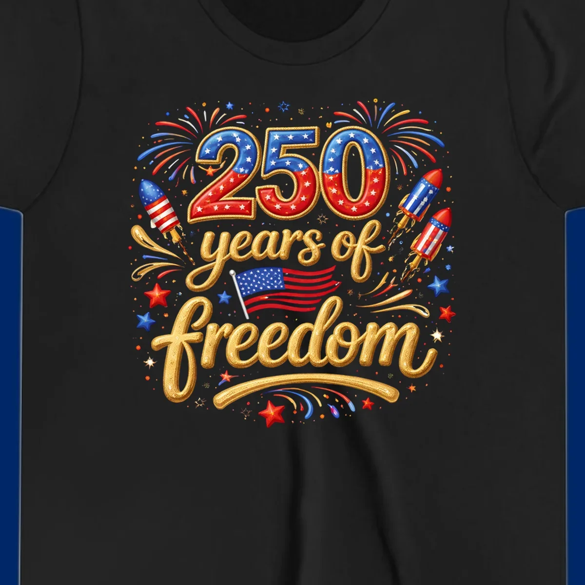 A vibrant design reading '250 years of freedom' with patriotic fireworks, rockets, stars, and an American flag, celebrating America's 250th anniversary.