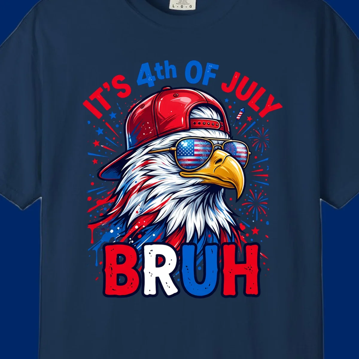 An illustrated bald eagle wearing a red cap and American flag sunglasses with fireworks and the text 'IT'S 4th OF JULY BRUH', emphasizing the fourth-of-july-bruh-eagle concept.