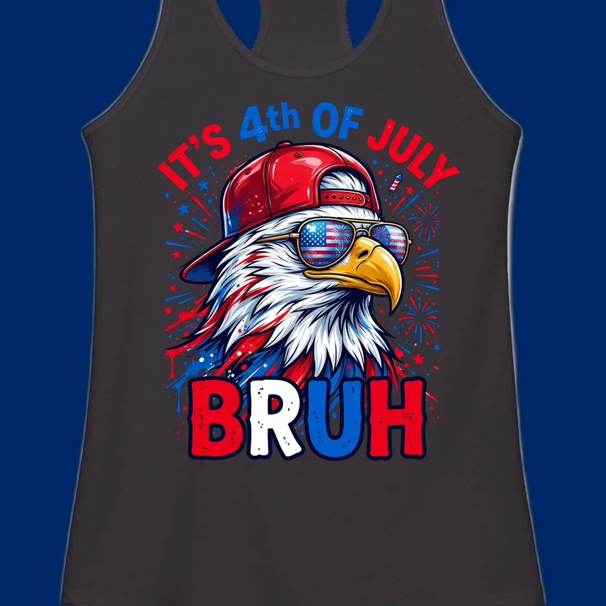 An illustrated bald eagle wearing a red cap and American flag sunglasses with fireworks and the text 'IT'S 4th OF JULY BRUH', emphasizing the fourth-of-july-bruh-eagle concept.