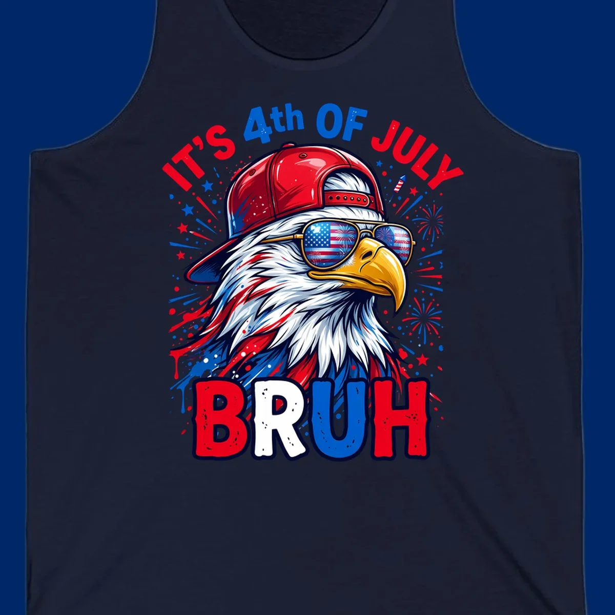 An illustrated bald eagle wearing a red cap and American flag sunglasses with fireworks and the text 'IT'S 4th OF JULY BRUH', emphasizing the fourth-of-july-bruh-eagle concept.