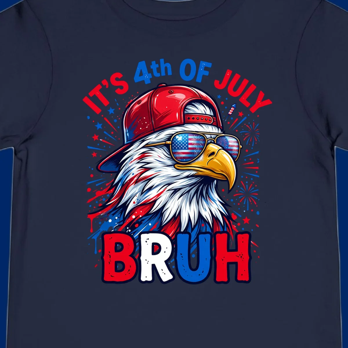 An illustrated bald eagle wearing a red cap and American flag sunglasses with fireworks and the text 'IT'S 4th OF JULY BRUH', emphasizing the fourth-of-july-bruh-eagle concept.