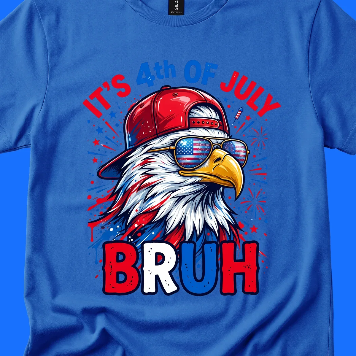 An illustrated bald eagle wearing a red cap and American flag sunglasses with fireworks and the text 'IT'S 4th OF JULY BRUH', emphasizing the fourth-of-july-bruh-eagle concept.