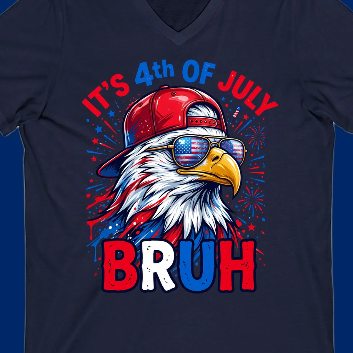 An illustrated bald eagle wearing a red cap and American flag sunglasses with fireworks and the text 'IT'S 4th OF JULY BRUH', emphasizing the fourth-of-july-bruh-eagle concept.