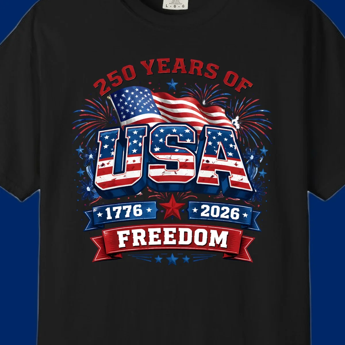 A vibrant patriotic design celebrating america-250-years-freedom with "USA" text, an American flag, fireworks, and "1776 2026 FREEDOM" banners.