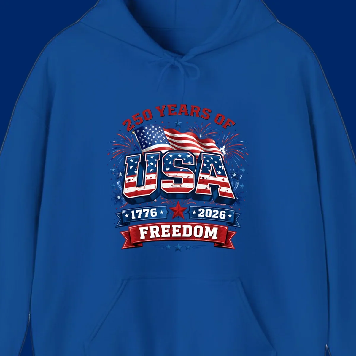 A vibrant patriotic design celebrating america-250-years-freedom with "USA" text, an American flag, fireworks, and "1776 2026 FREEDOM" banners.