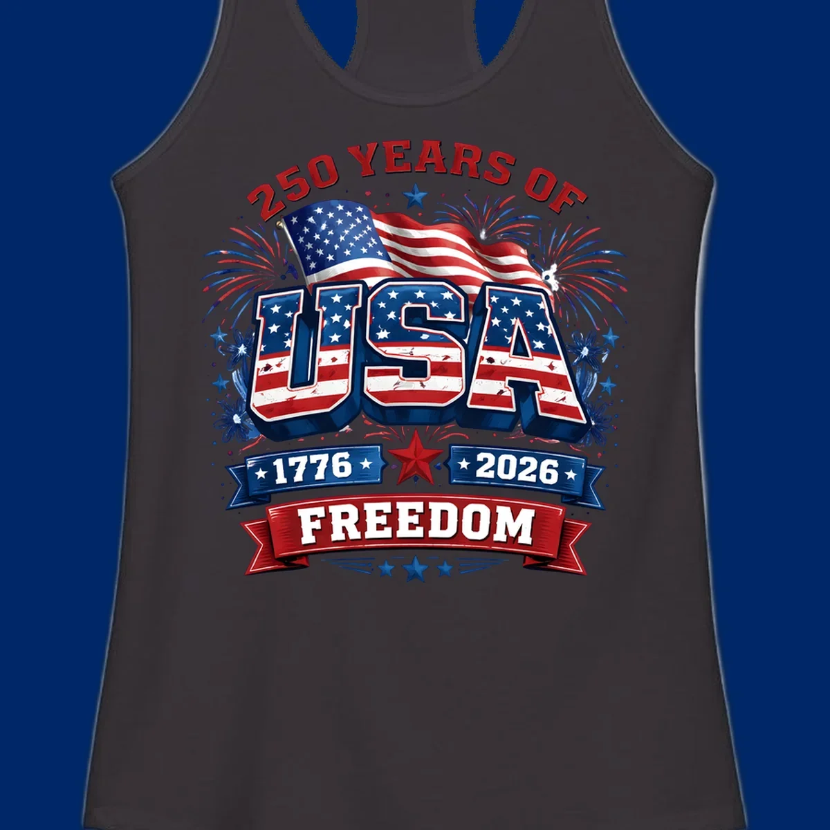 A vibrant patriotic design celebrating america-250-years-freedom with "USA" text, an American flag, fireworks, and "1776 2026 FREEDOM" banners.