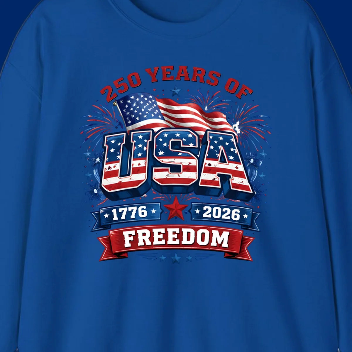 A vibrant patriotic design celebrating america-250-years-freedom with "USA" text, an American flag, fireworks, and "1776 2026 FREEDOM" banners.