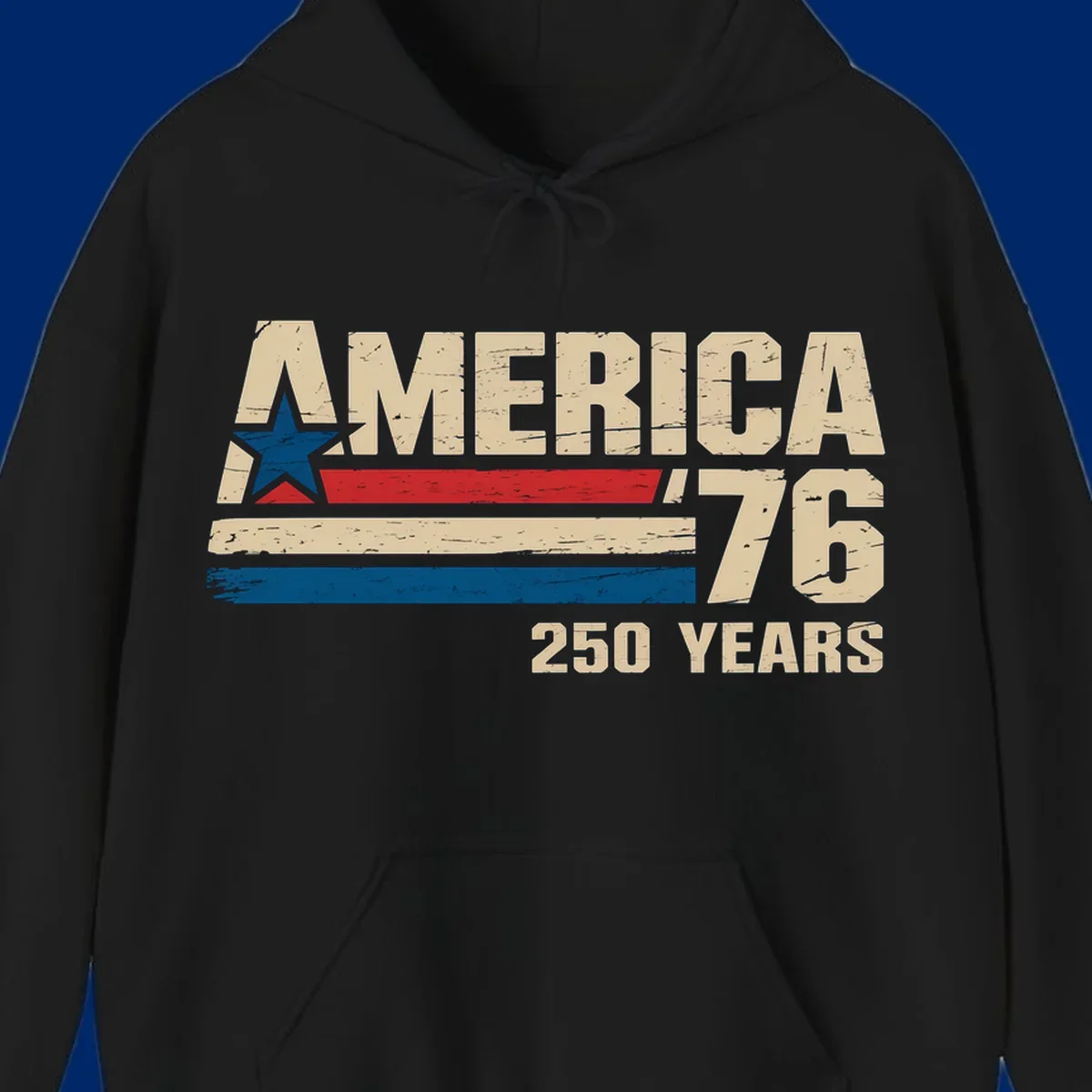 A distressed vintage design reads 'AMERICA '76' with a blue star in the A, and '250 YEARS' below. Features red, beige, and blue stripes, celebrating the america-76-250-years.
