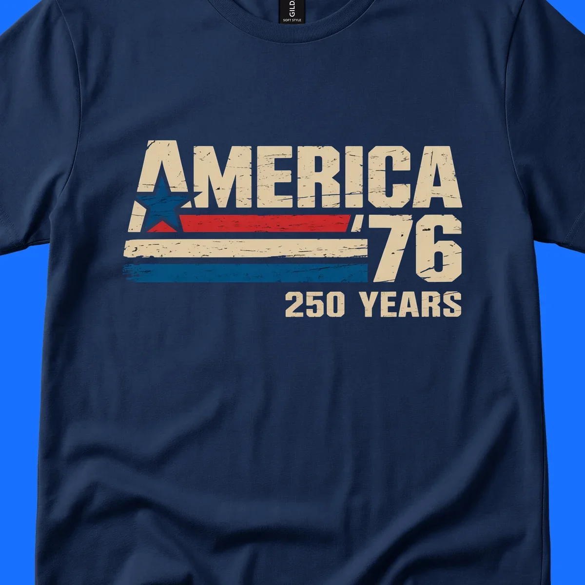 A distressed vintage design reads 'AMERICA '76' with a blue star in the A, and '250 YEARS' below. Features red, beige, and blue stripes, celebrating the america-76-250-years.