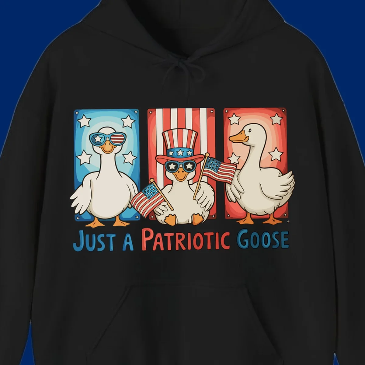 Illustration of three cartoon geese on patriotic red, white, and blue backgrounds with stars and stripes, with the text 'JUST A PATRIOTIC GOOSE'.