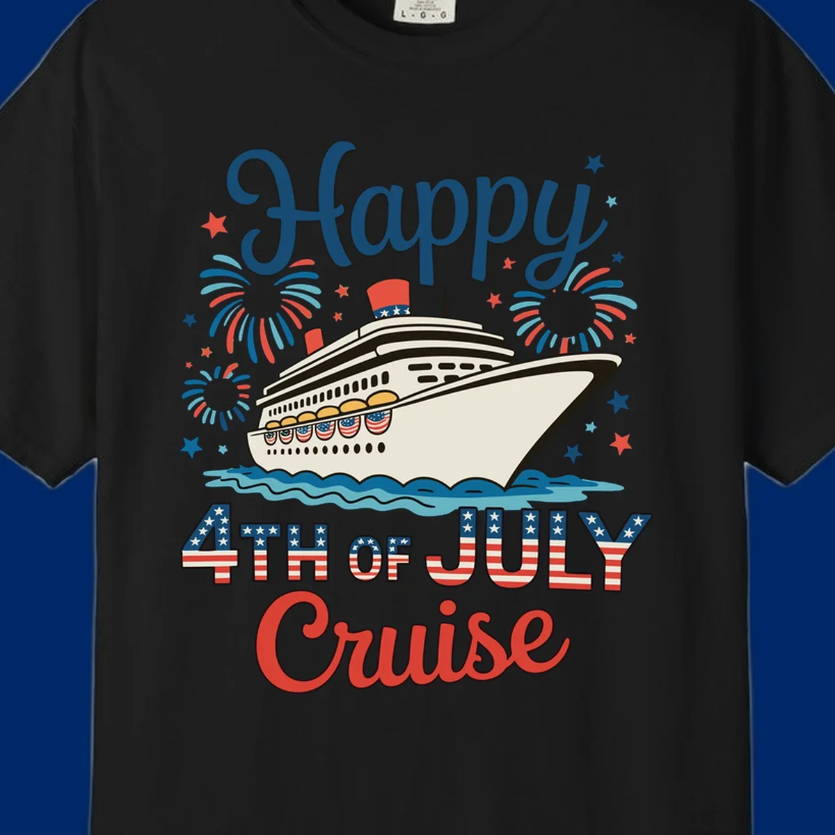 An illustrated design for a happy 4th of July cruise, featuring a white cruise ship on blue waves, surrounded by red and blue fireworks and stars, with the text 'Happy 4TH OF JULY Cruise'.
