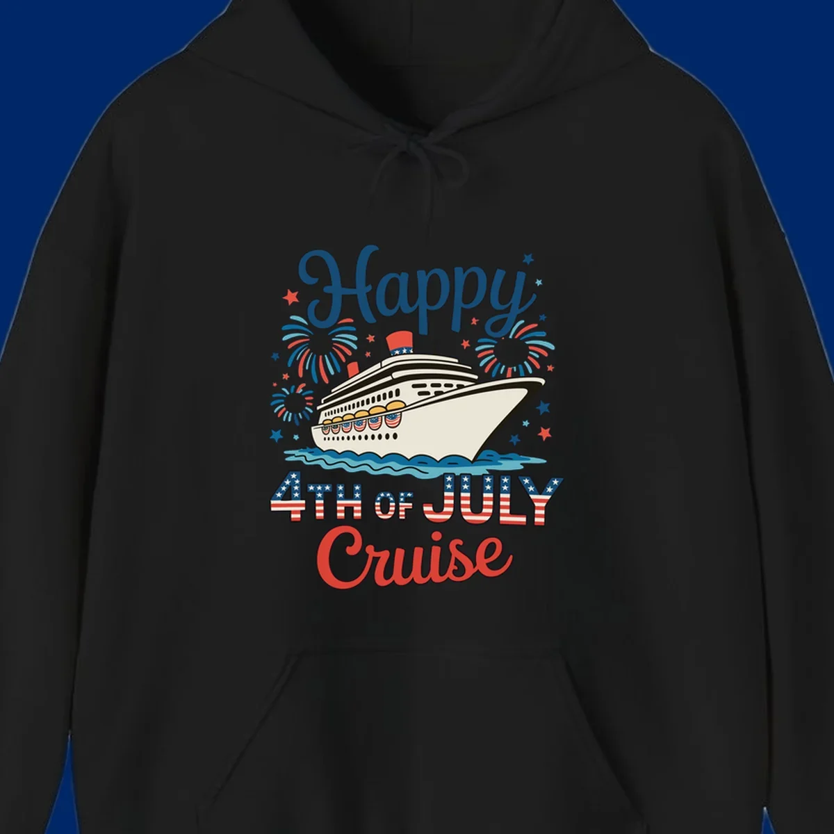 An illustrated design for a happy 4th of July cruise, featuring a white cruise ship on blue waves, surrounded by red and blue fireworks and stars, with the text 'Happy 4TH OF JULY Cruise'.