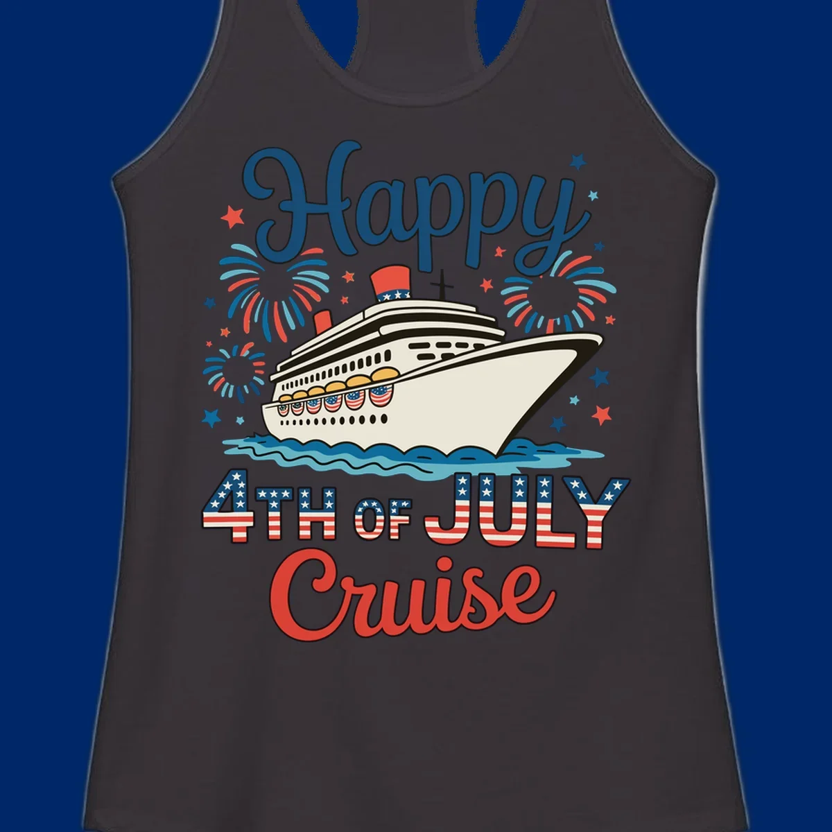 An illustrated design for a happy 4th of July cruise, featuring a white cruise ship on blue waves, surrounded by red and blue fireworks and stars, with the text 'Happy 4TH OF JULY Cruise'.