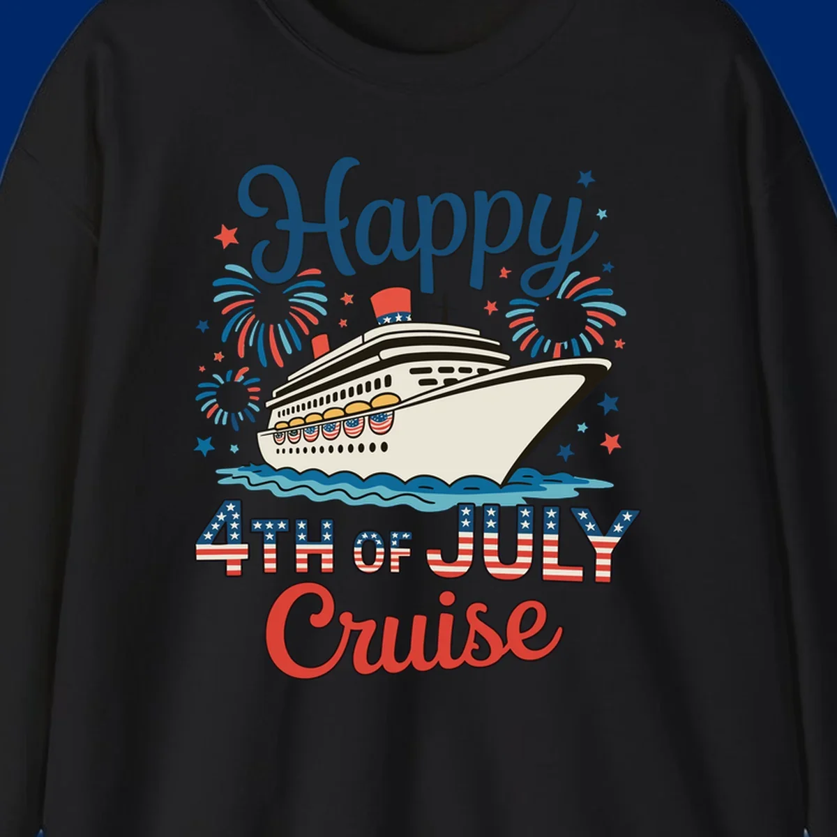 An illustrated design for a happy 4th of July cruise, featuring a white cruise ship on blue waves, surrounded by red and blue fireworks and stars, with the text 'Happy 4TH OF JULY Cruise'.