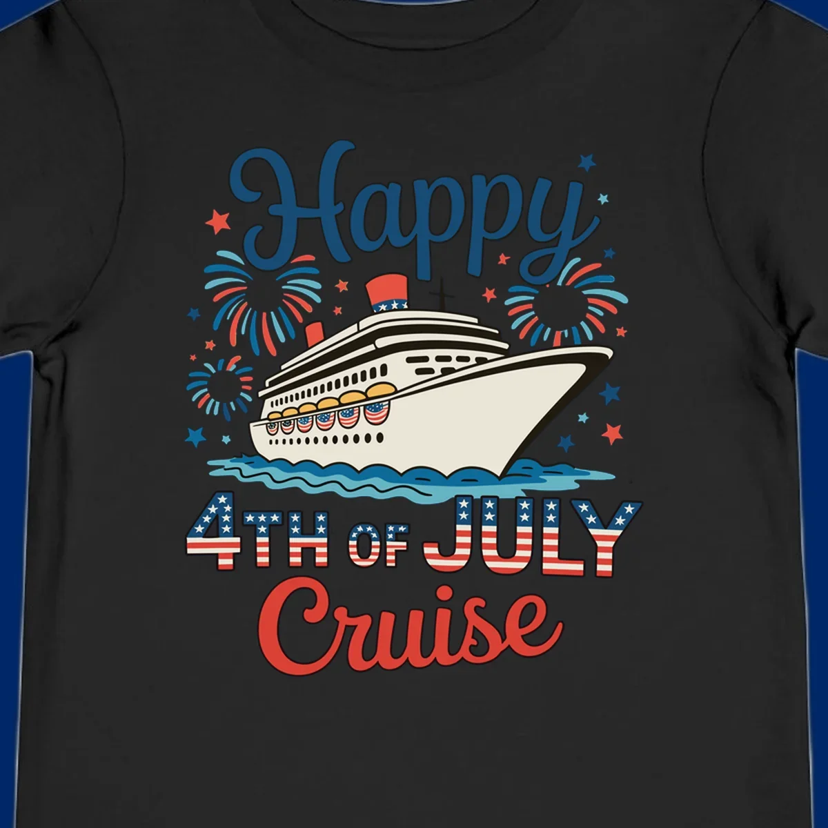 An illustrated design for a happy 4th of July cruise, featuring a white cruise ship on blue waves, surrounded by red and blue fireworks and stars, with the text 'Happy 4TH OF JULY Cruise'.