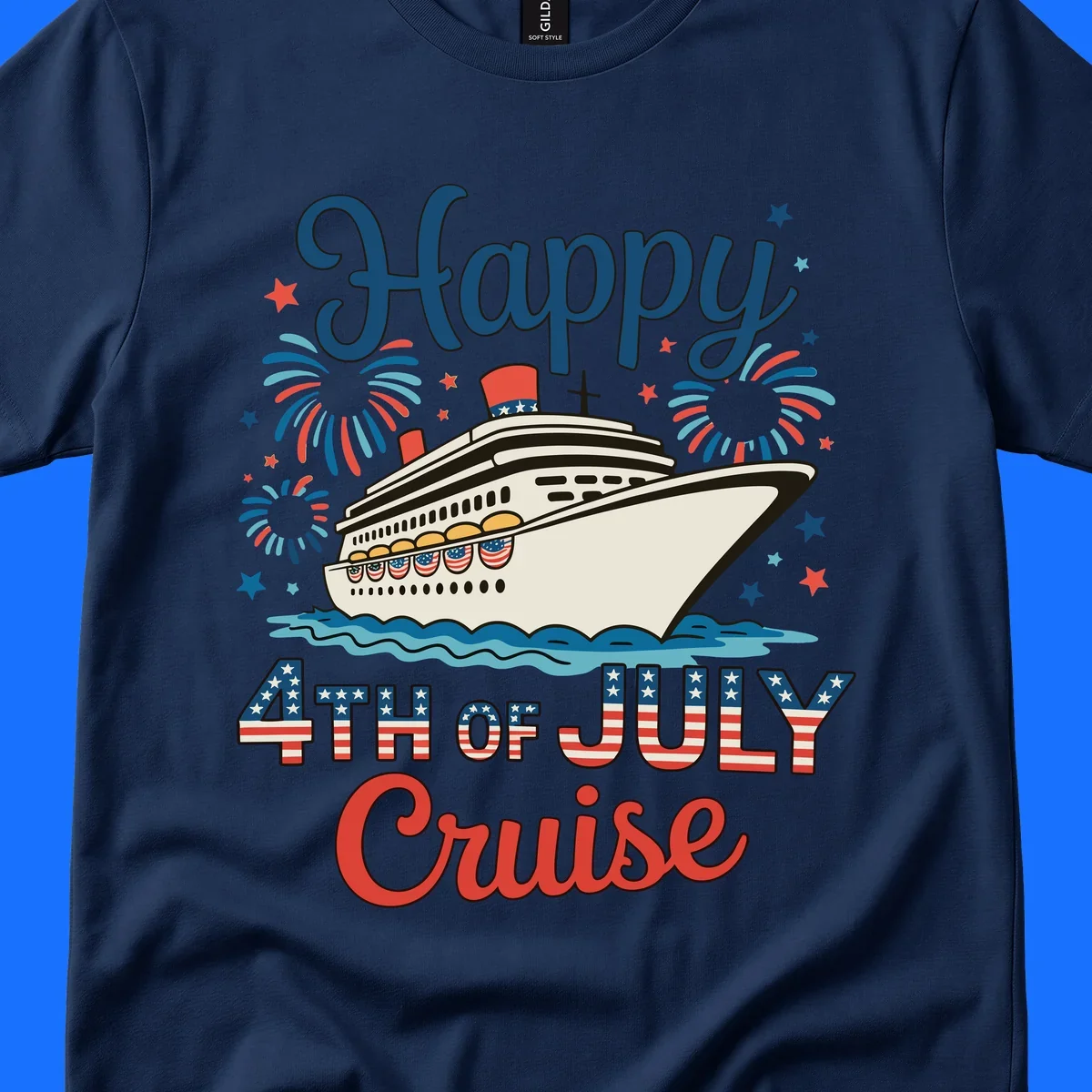 An illustrated design for a happy 4th of July cruise, featuring a white cruise ship on blue waves, surrounded by red and blue fireworks and stars, with the text 'Happy 4TH OF JULY Cruise'.