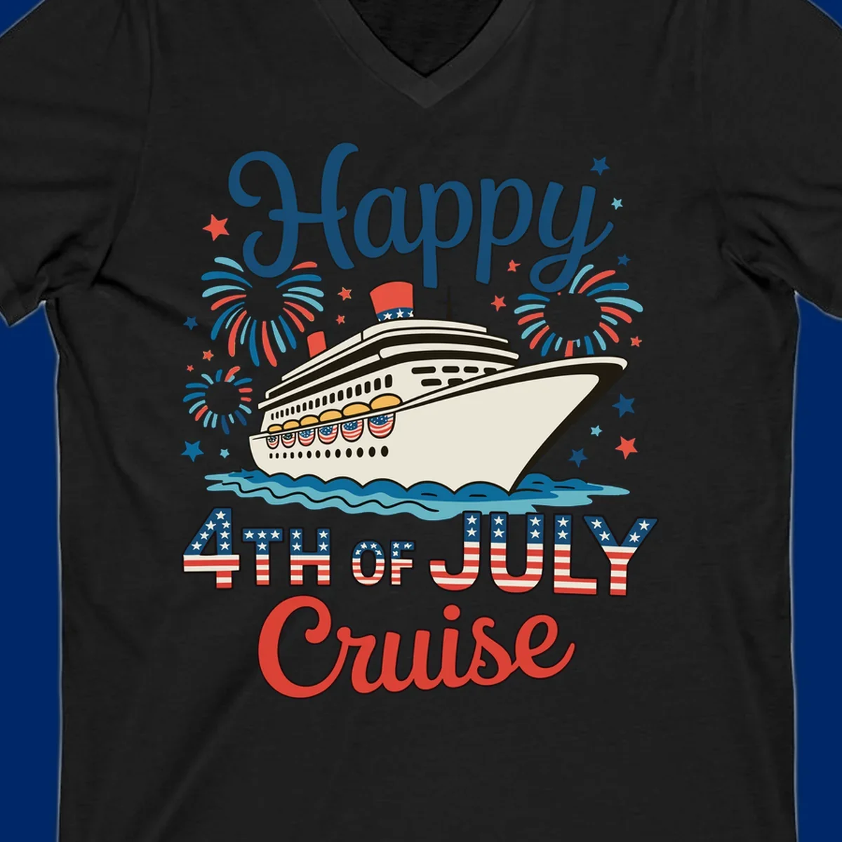 An illustrated design for a happy 4th of July cruise, featuring a white cruise ship on blue waves, surrounded by red and blue fireworks and stars, with the text 'Happy 4TH OF JULY Cruise'.