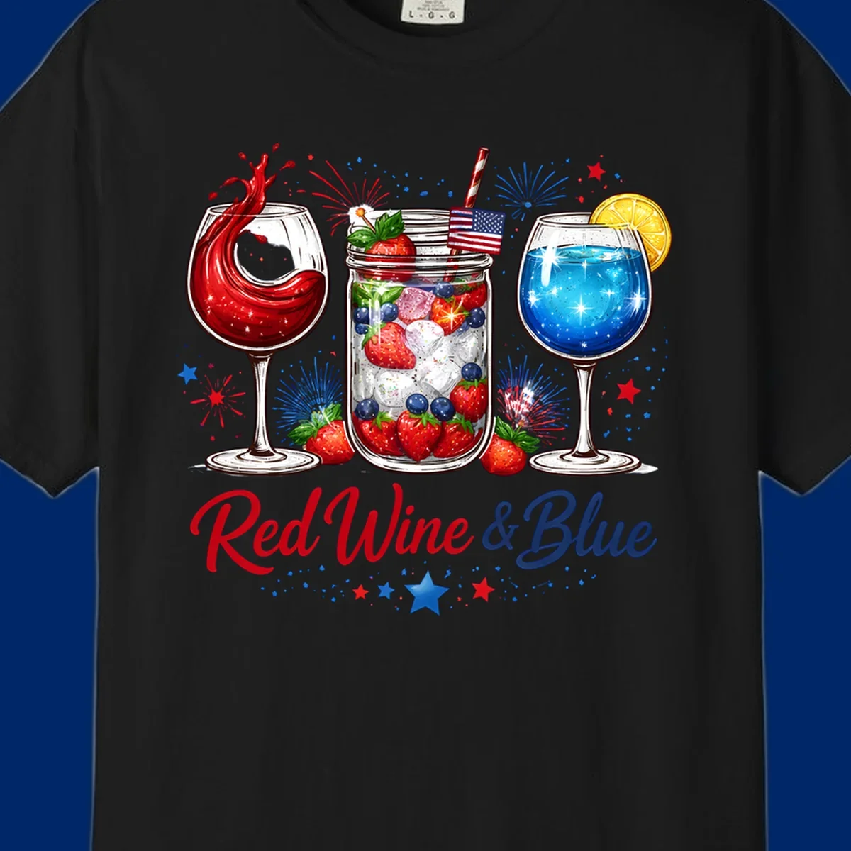 Illustration of red wine, blue cocktail, and a mason jar drink with strawberries and blueberries, set against fireworks and stars, with 'Red Wine & Blue' text. Features red-wine-blue-drinks theme.